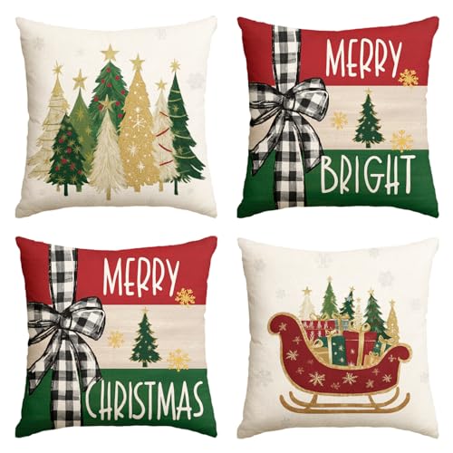 Merry Bright Christmas Trees Throw Pillow Covers, 18 x 18 Inch Set of 4 D3675