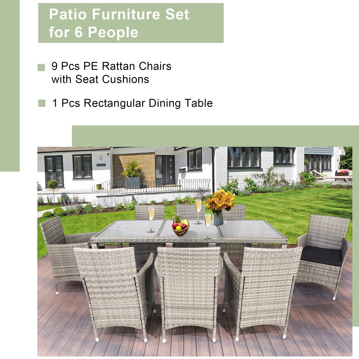 9 Pieces Wicker Outdoor Dining Set with Glass Tabletop and Cushioned Chairs G346