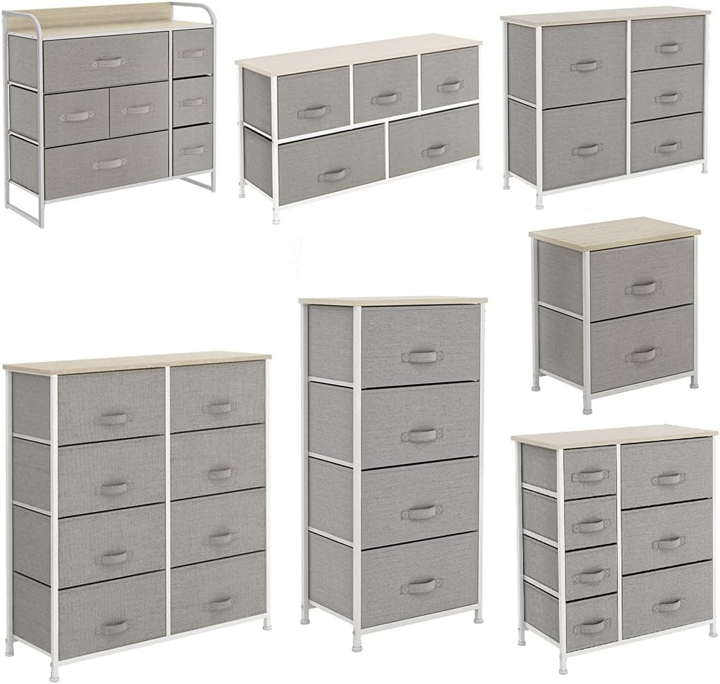 Light grey 8 Drawer Fabric Dresser with Steel Frame and Wooden Top M9995