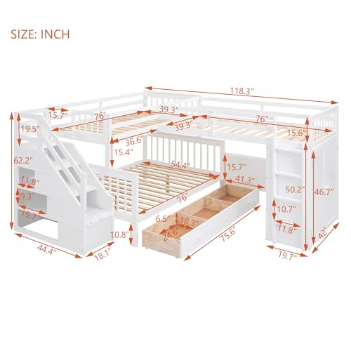 White L-Shaped Triple Bunk Bed with Desk & Stairs J774