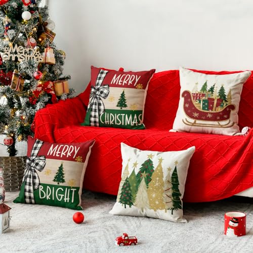 Merry Bright Christmas Trees Throw Pillow Covers, 18 x 18 Inch Set of 4 D3675