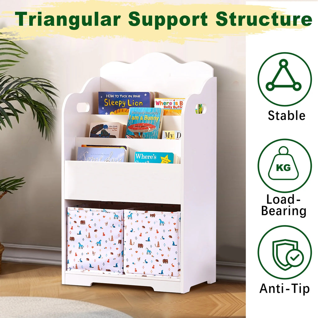 White Wood 4 Tier Kids Bookshelf with Toy Bin A796