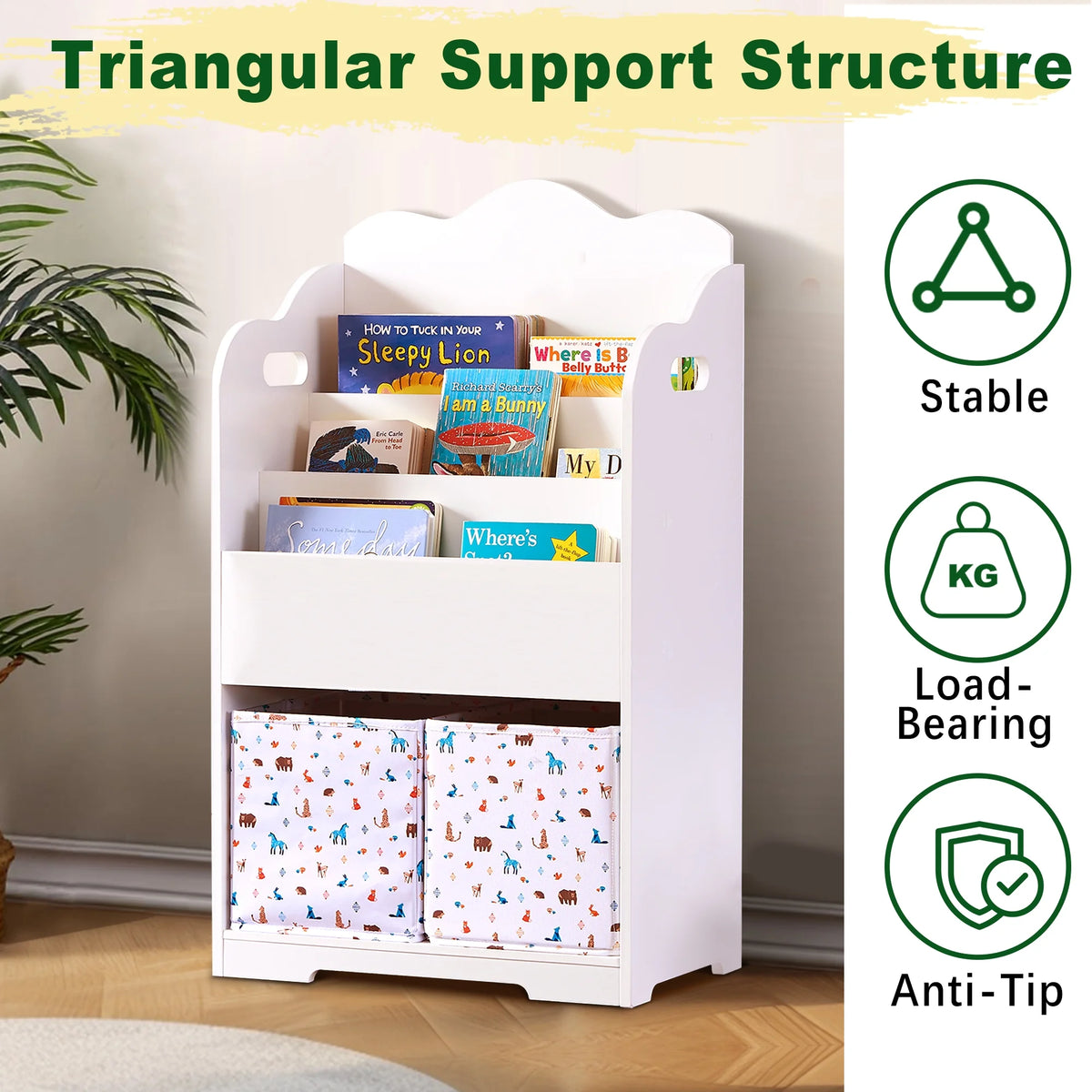 White Wood 4 Tier Kids Bookshelf with Toy Bin A796