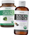 Organic Super Greens Powder & Black Seed Oil 180 Capsules 8 fl oz B958