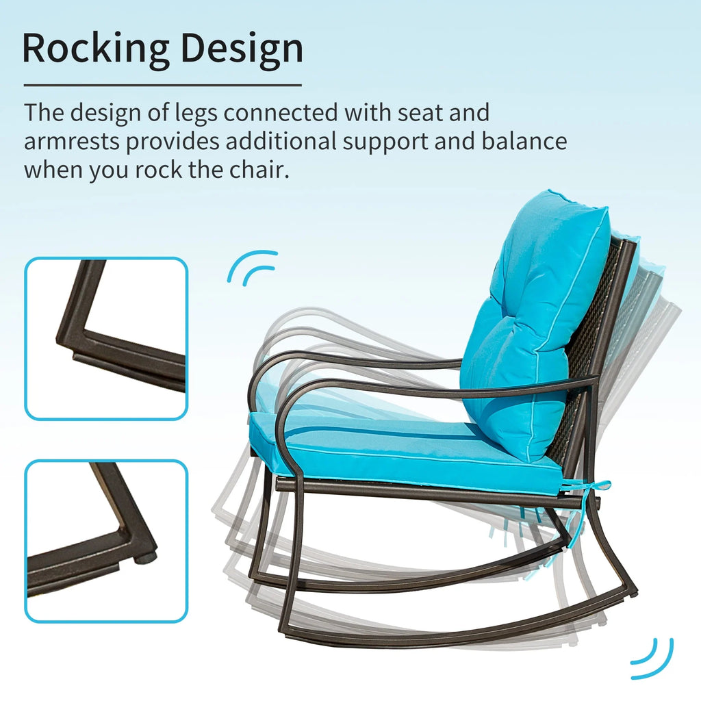 3 Pieces Bistro Set Rocking Chairs Cushion Glass Top Table Blue H409066