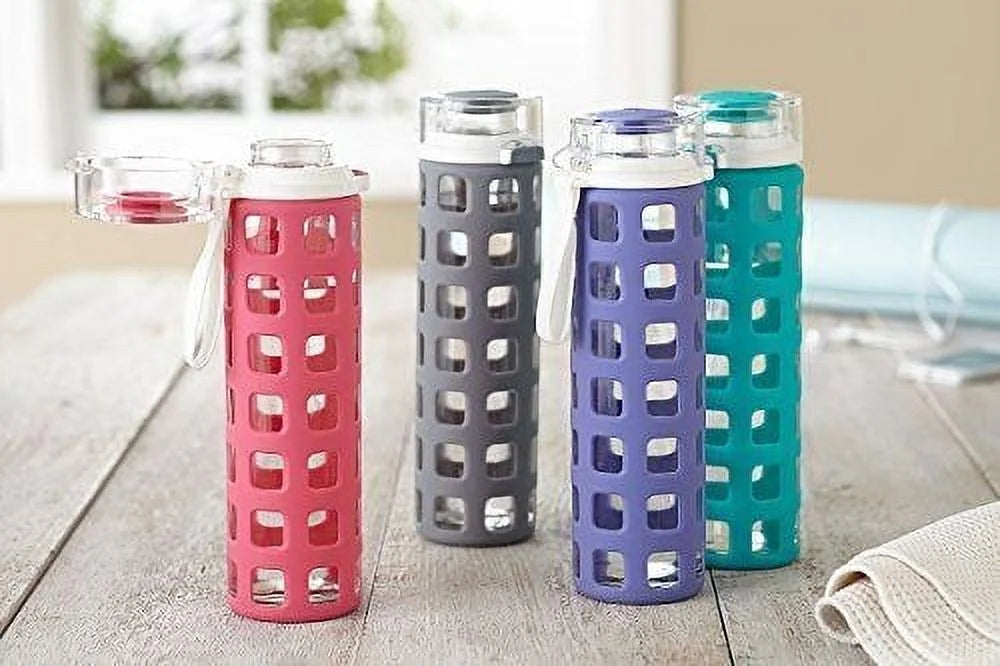 BPA-Free Glass Water Bottle with Flip Lid, Pink, 20 oz X12758