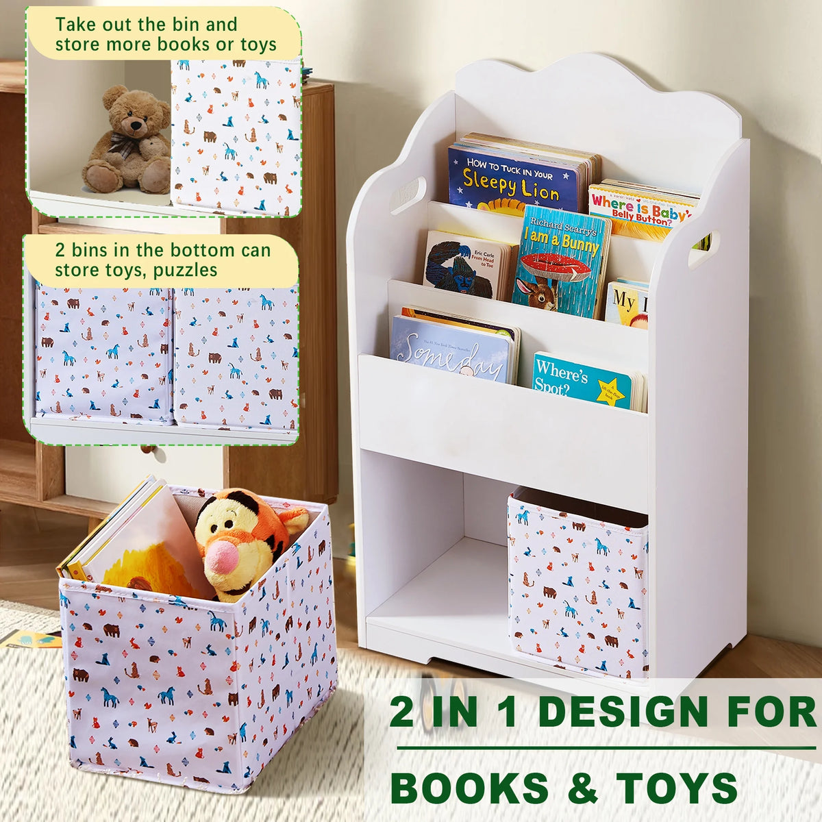 White Wood 4 Tier Kids Bookshelf with Toy Bin A796