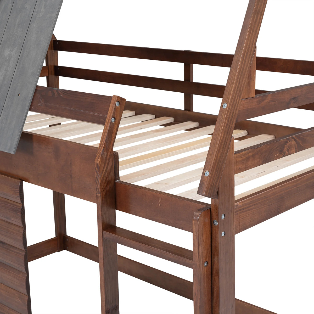 Wood Twin Size House Bunk Bed with Roof and Ladder M7639