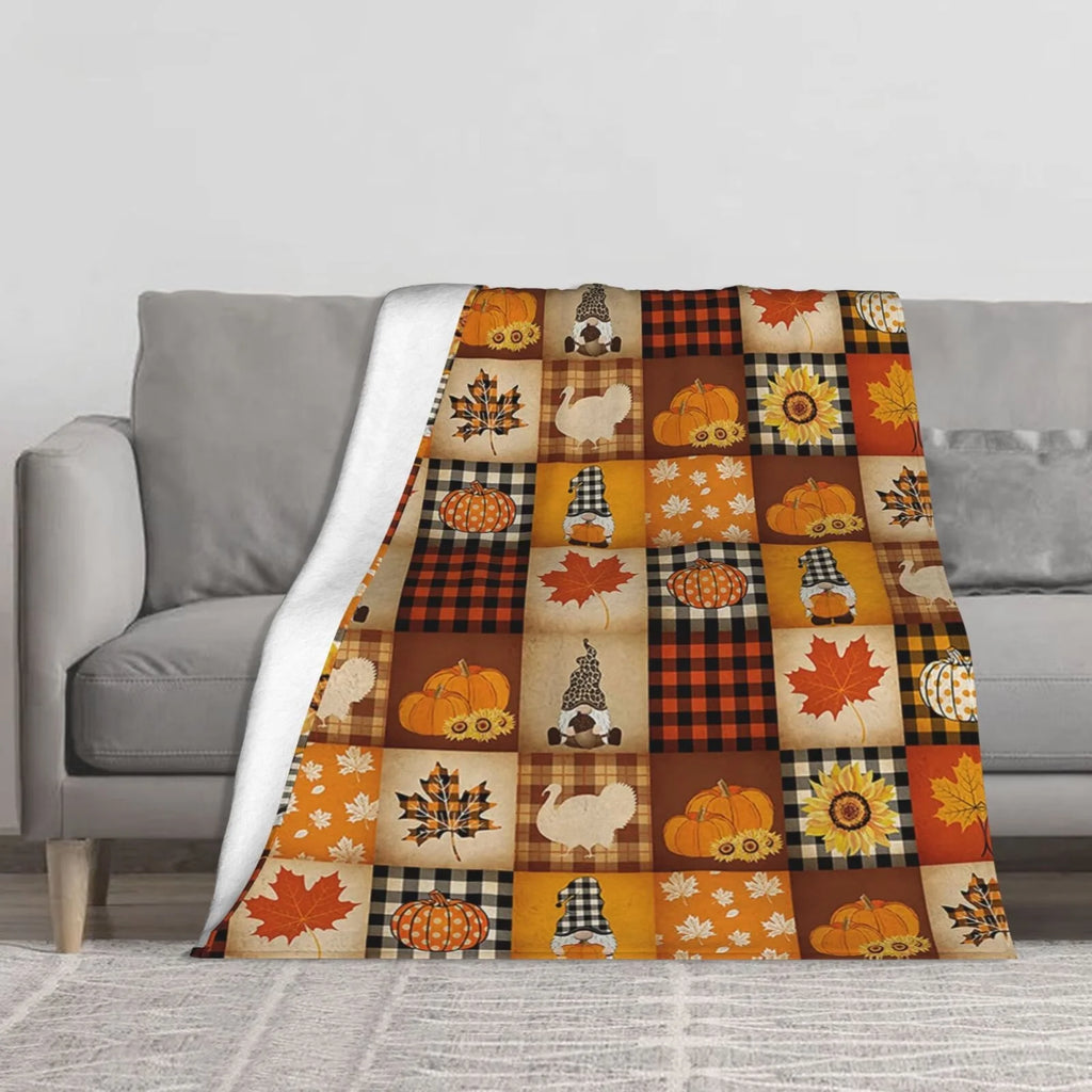 Pumpkin Turkey Maple Leaf Gnome Plaid Flannel Throw Blanket 50 X 40 Inch N640