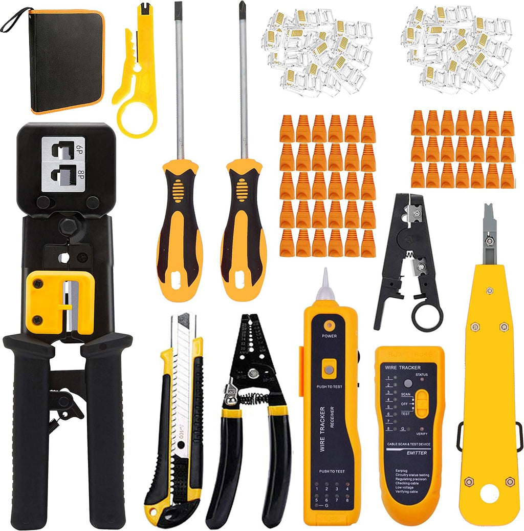 RJ45 Crimper Cat5/Cat5e/Cat6 Tool Set with 50PCS Connectors, 50PCS Covers Network Wire Stripper Kit (Dark) Pack of 2 L1048