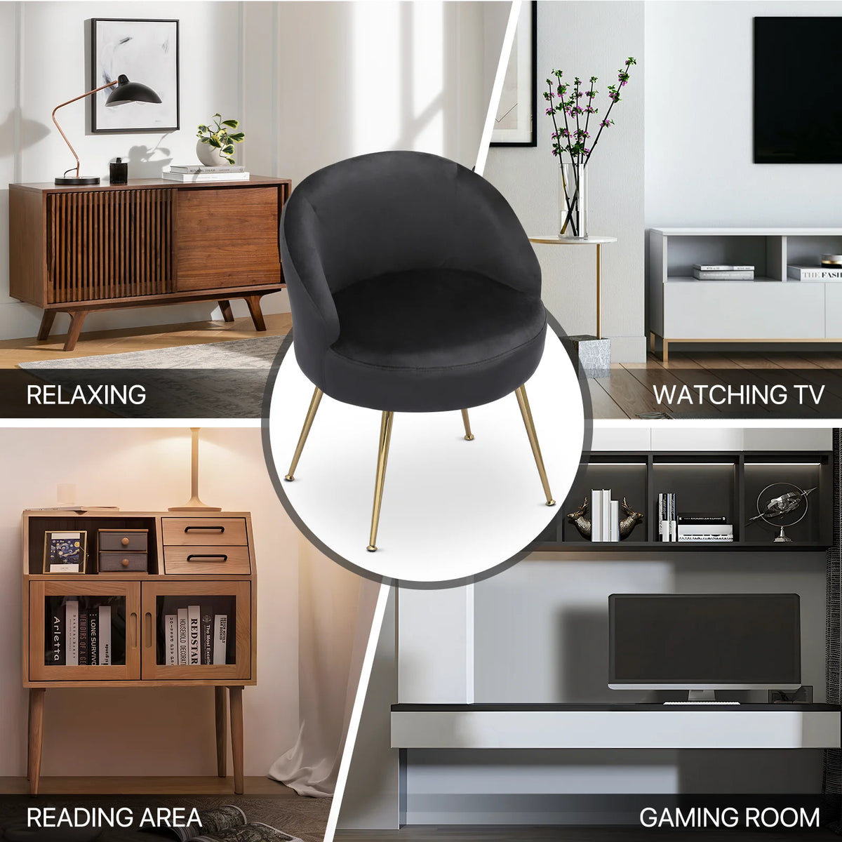 Black Velvet Accent Chair with Golden Metal Legs H9572