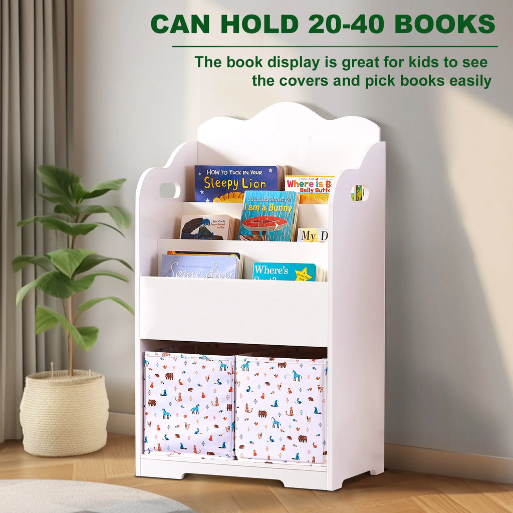 White Wood 4 Tier Kids Bookshelf with Toy Bin A796