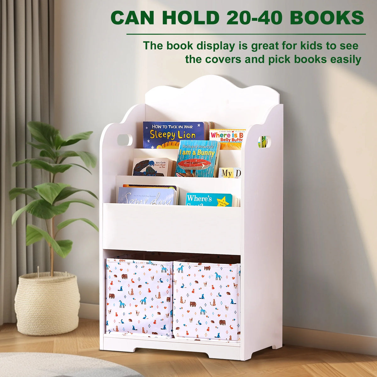 White Wood 4 Tier Kids Bookshelf with Toy Bin A796