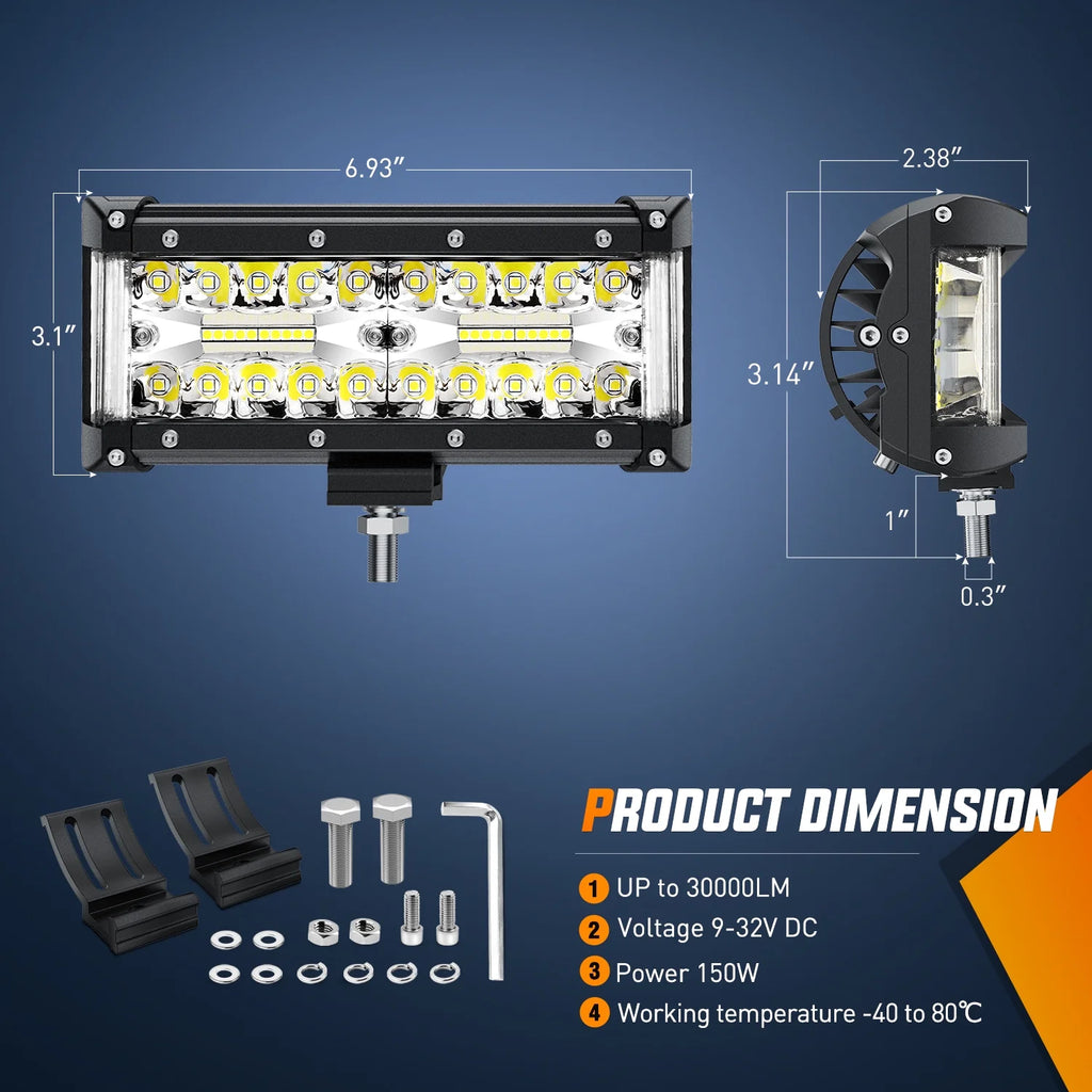 2PCS 7Inch Triple Row Spot Flood Combo LED Work Light with Wiring Harness Kit K828