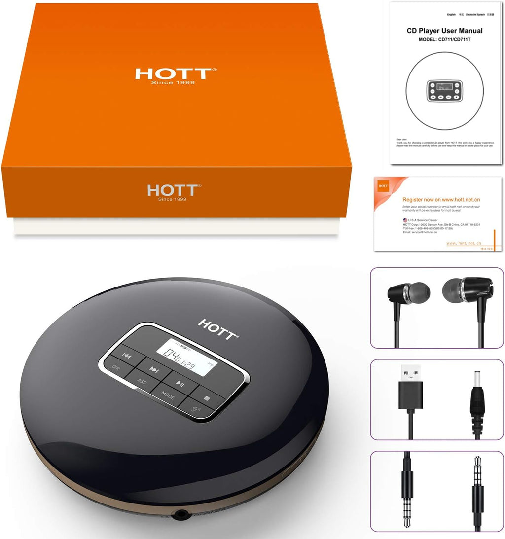 Portable CD Player with LCD Display Anti-Skip Headphones USB Cable Black Pack of 2 H128