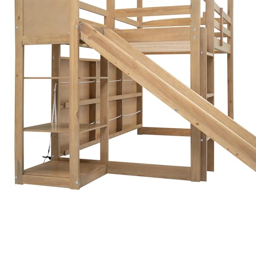 Twin Wood Loft Bed with Slide and Storage Shelves K311663