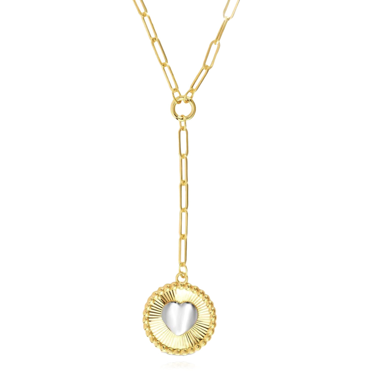 14K Gold Two-Tone Yellow White Round Heart Medallion Paperclip Necklace 18" M853743