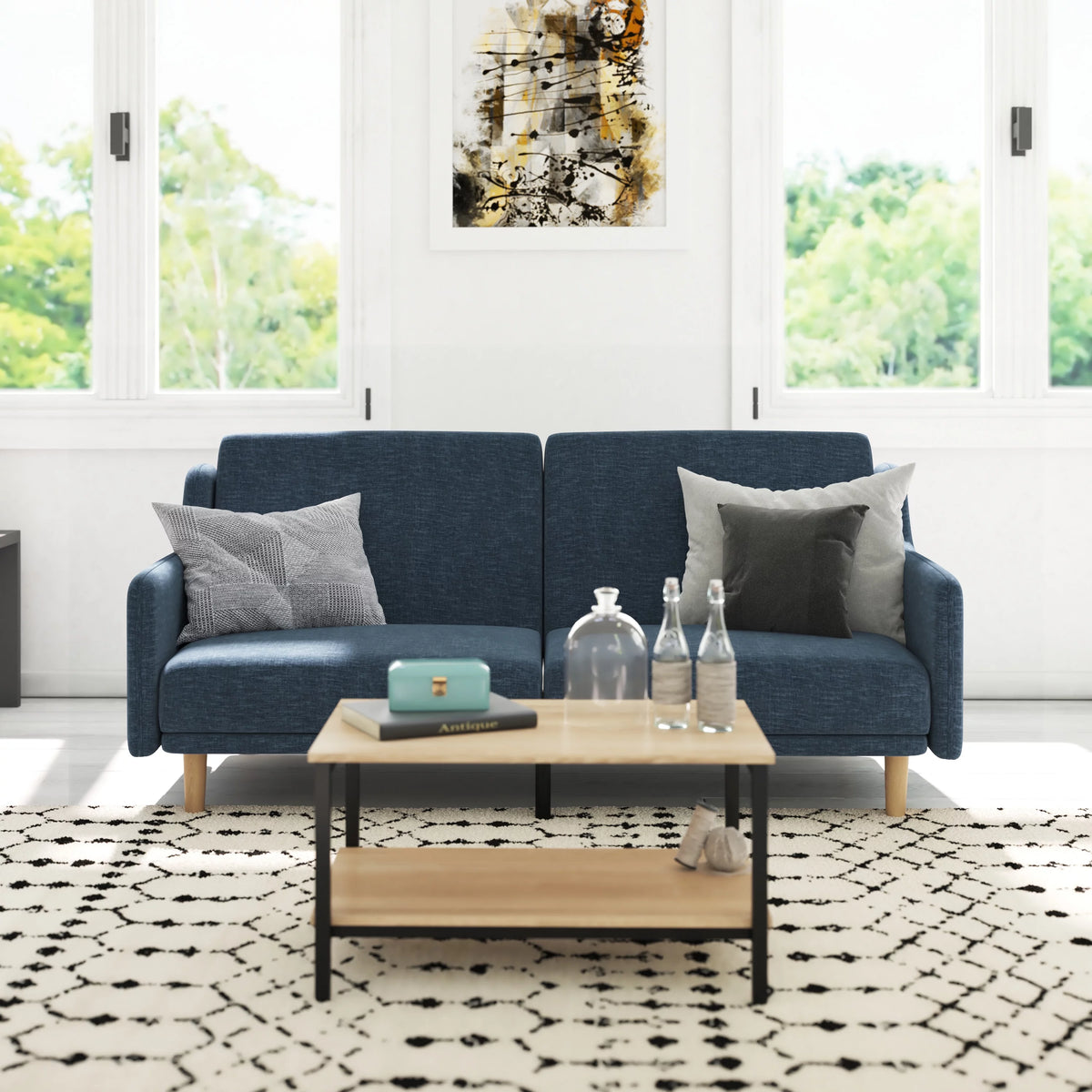Navy Faux Linen Upholstered Split Back Sofa Futon F715