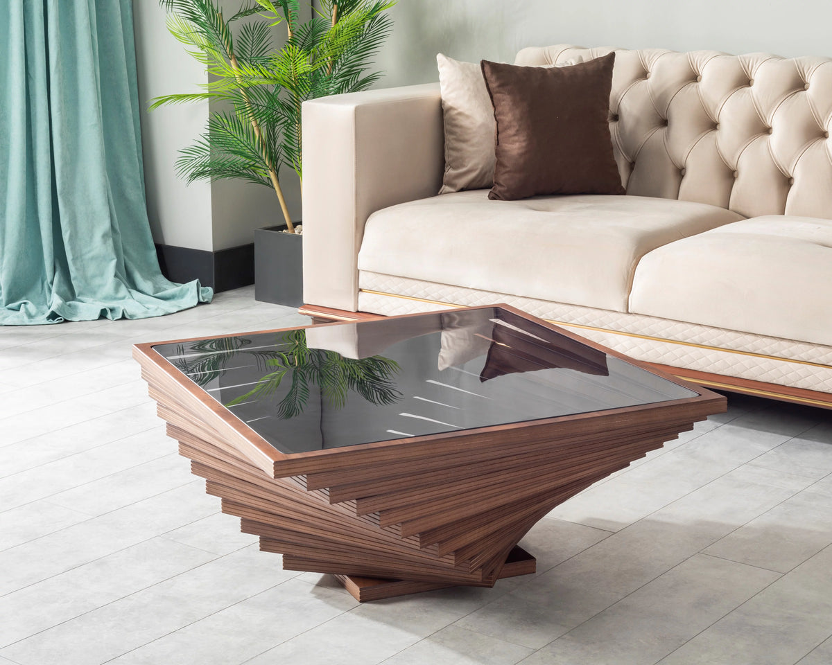 Brown Wooden Coffee Table with Glass T337