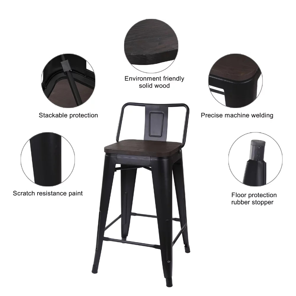 Black 24 inch Low Back Metal Barstool with Dark Wood Seat, Set of 6 O4972