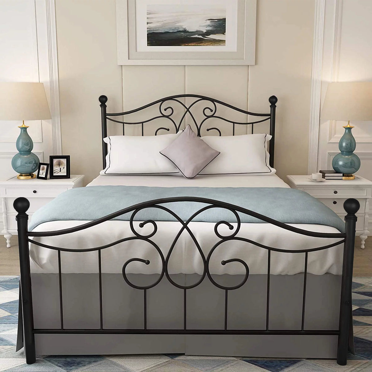 Black Full Size Metal Bed Frame with Steel Slat Support U9989