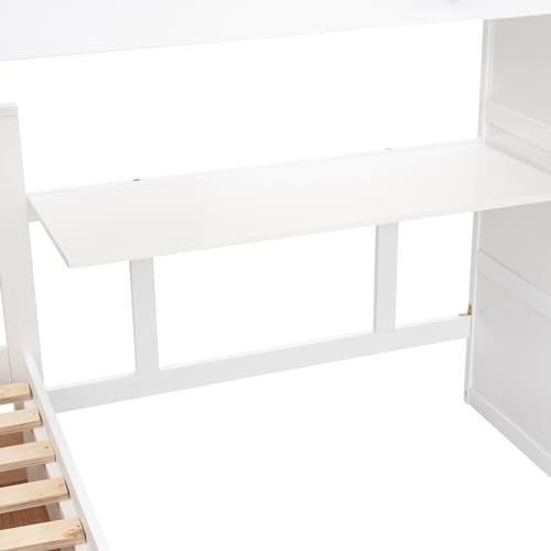 White L-Shaped Triple Bunk Bed with Desk & Stairs J774