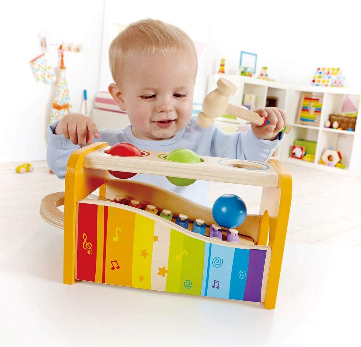 Wooden Pounding Bench, Xylophone, and Tambourine Music Set M173