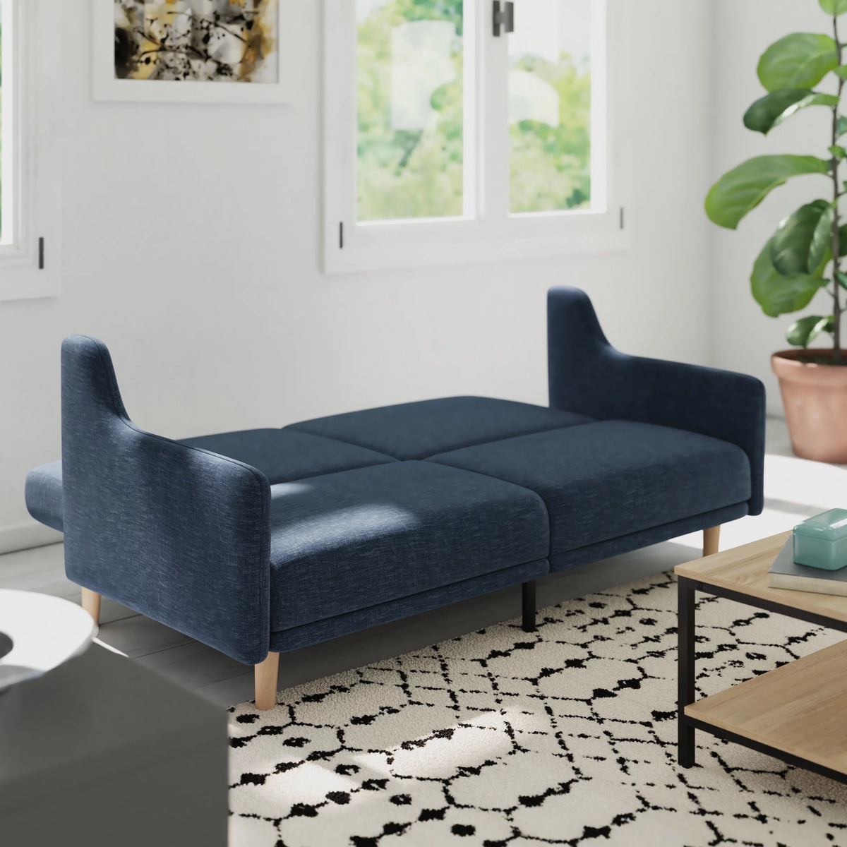 Navy Faux Linen Upholstered Split Back Sofa Futon F715