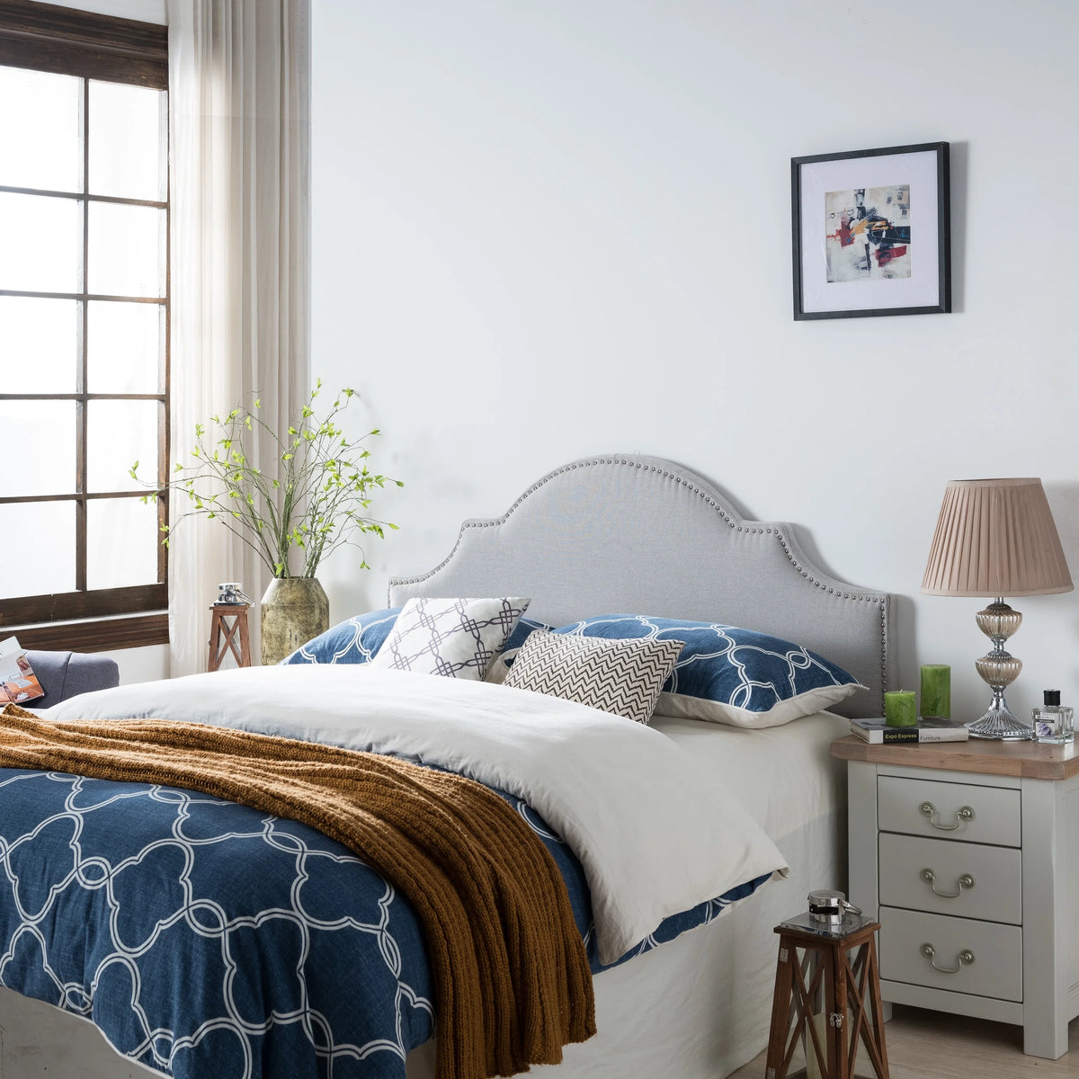 Light Gray Fabric Full/Queen Headboard with Nailhead Trim R34790