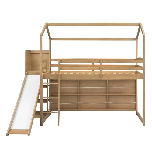 Twin Wood Loft Bed with Slide and Storage Shelves K311663
