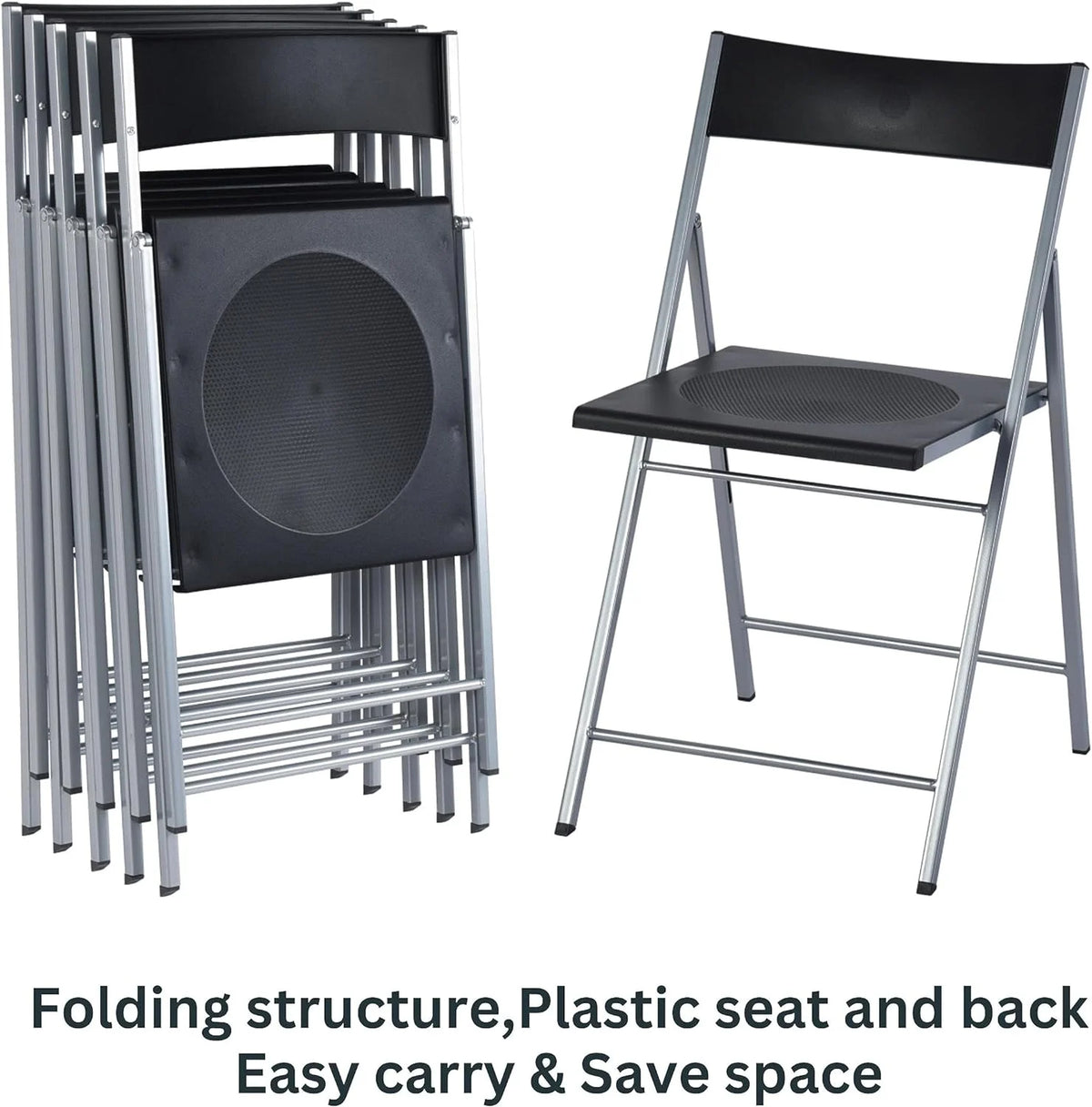 Black Set Of 6 Folding Chair Plastic Seat Steel Frame W4749