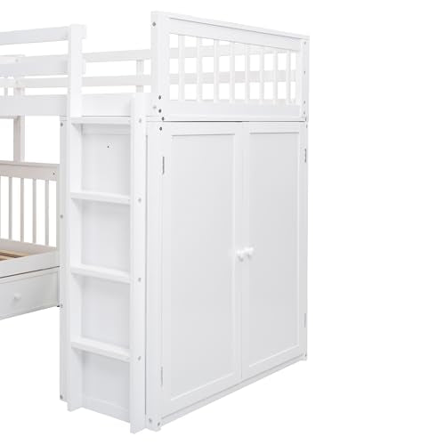 White L-Shaped Triple Bunk Bed with Desk & Stairs J774