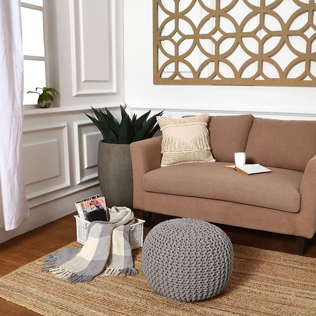 Round Cable Knitted Pouf Ottoman 18”x18”x14” Gray G267