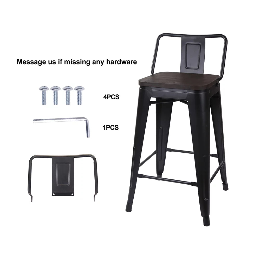 Black 24 inch Low Back Metal Barstool with Dark Wood Seat, Set of 6 O4972