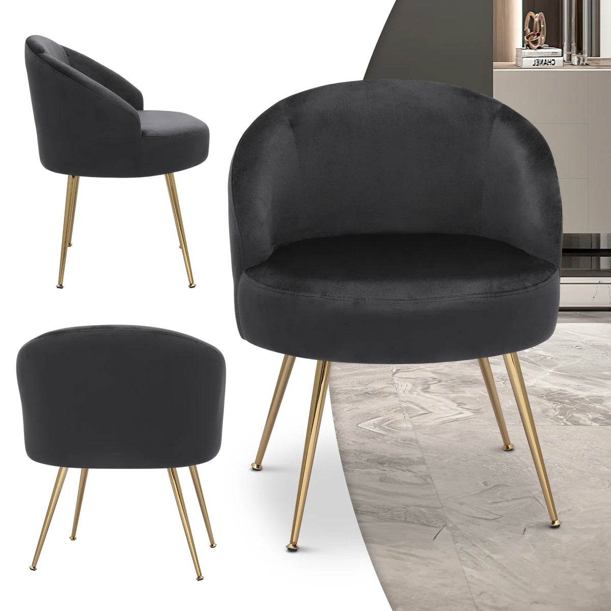 Black Velvet Accent Chair with Golden Metal Legs H9572