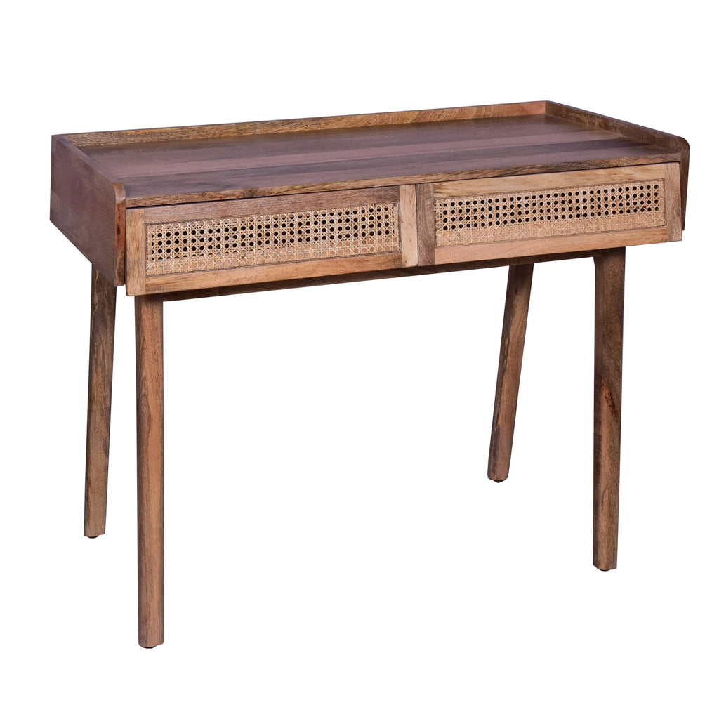 39 Inch Mango Wood Writing Desk with 2 Rattan Drawers A319