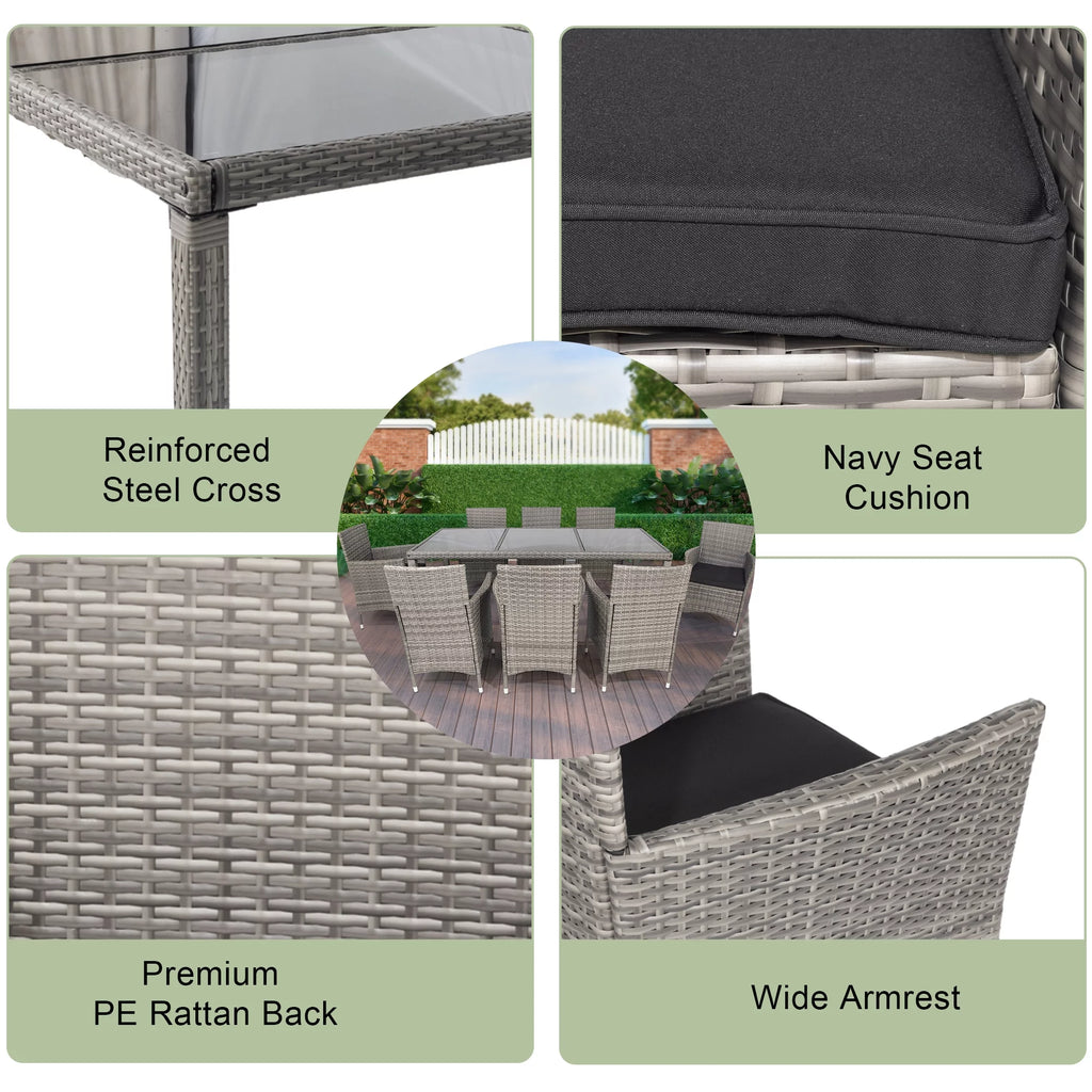9 Pieces Wicker Outdoor Dining Set with Glass Tabletop and Cushioned Chairs G346