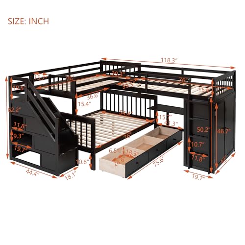 White L-Shaped Triple Bunk Bed with Desk & Stairs J774