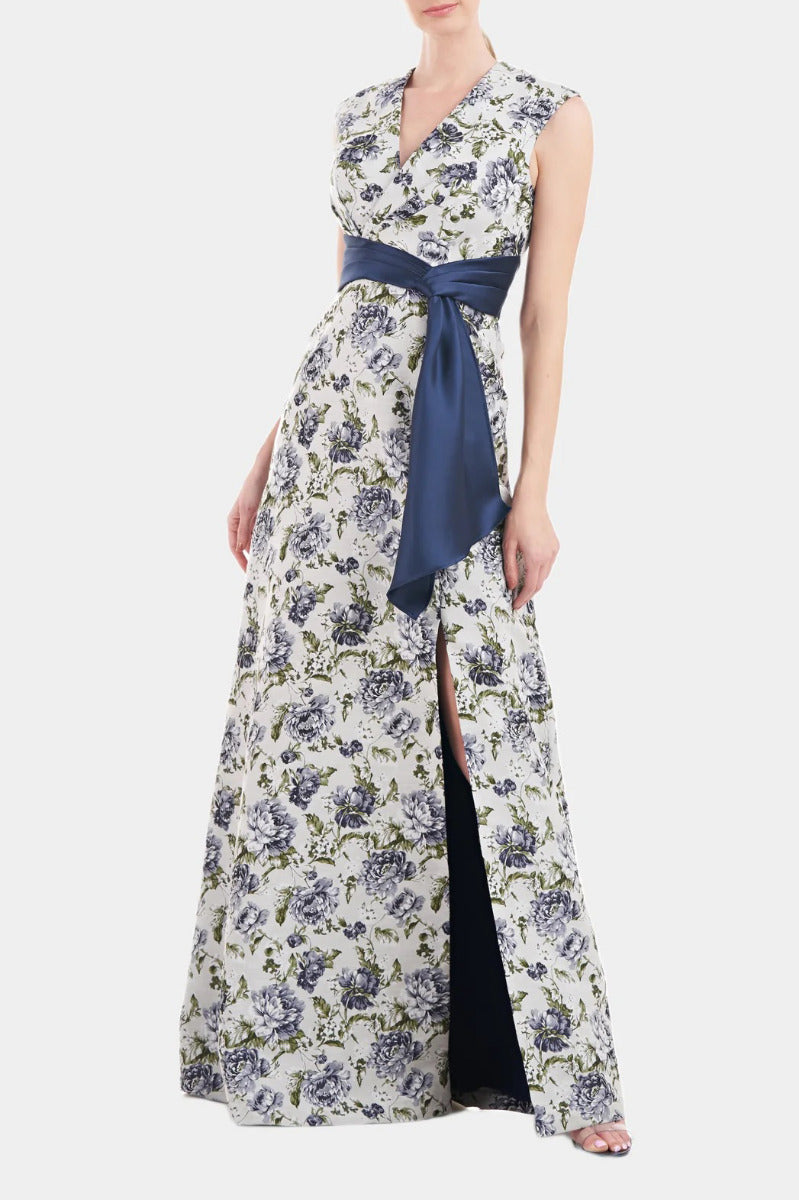 V-Neck Cap Sleeve Wrap Bodice Fit & Flare Jacquard Dress D946931