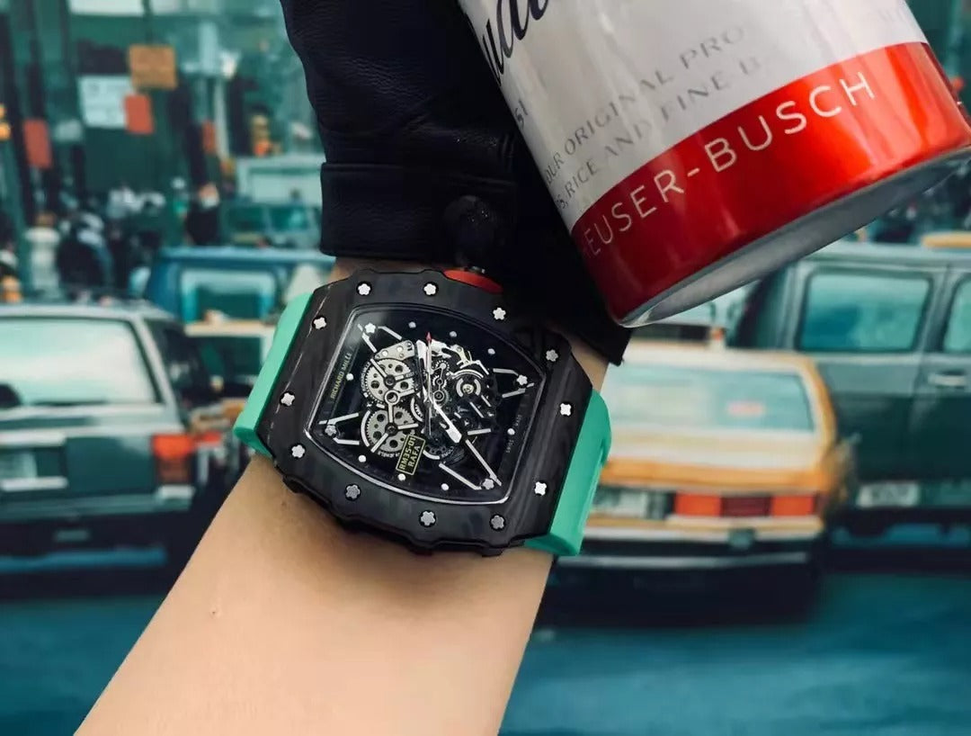 Black Bezel Red Markers Green Rubber Strap R1159