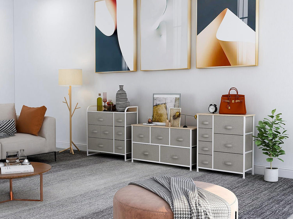 Light grey 8 Drawer Fabric Dresser with Steel Frame and Wooden Top M9995