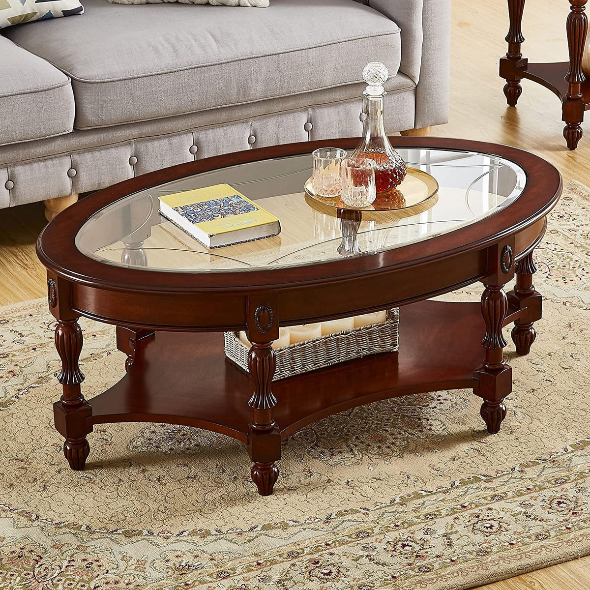 Oval Glass 2-Tier Solid Wood Coffee Table with Storage Shelf F443