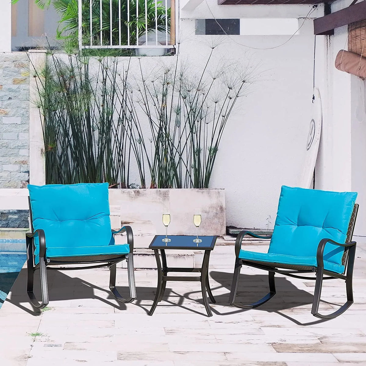 3 Pieces Bistro Set Rocking Chairs Cushion Glass Top Table Blue H409066