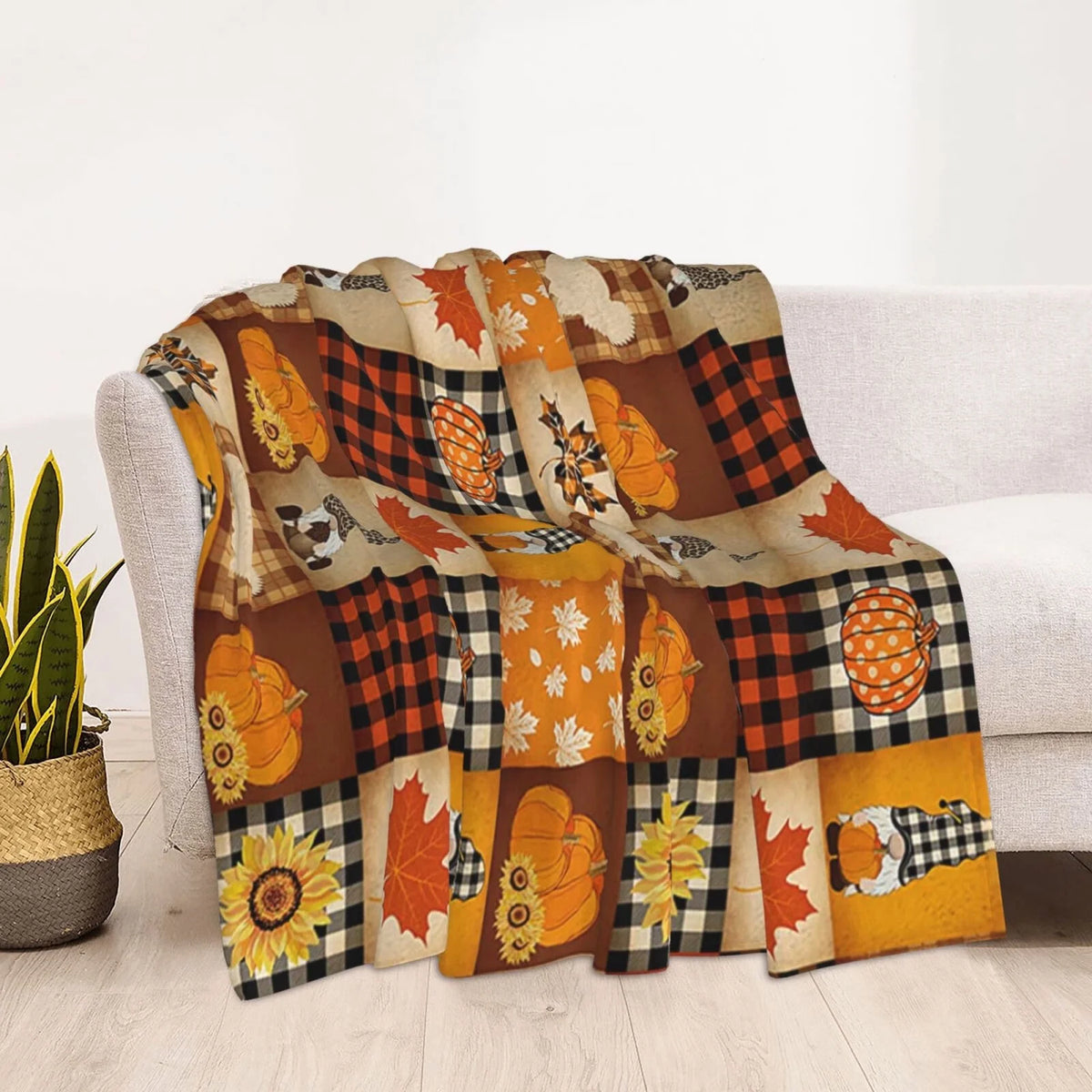 Pumpkin Turkey Maple Leaf Gnome Plaid Flannel Throw Blanket 50 X 40 Inch N640