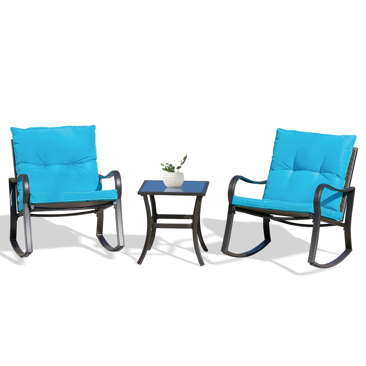 3 Pieces Bistro Set Rocking Chairs Cushion Glass Top Table Blue H409066