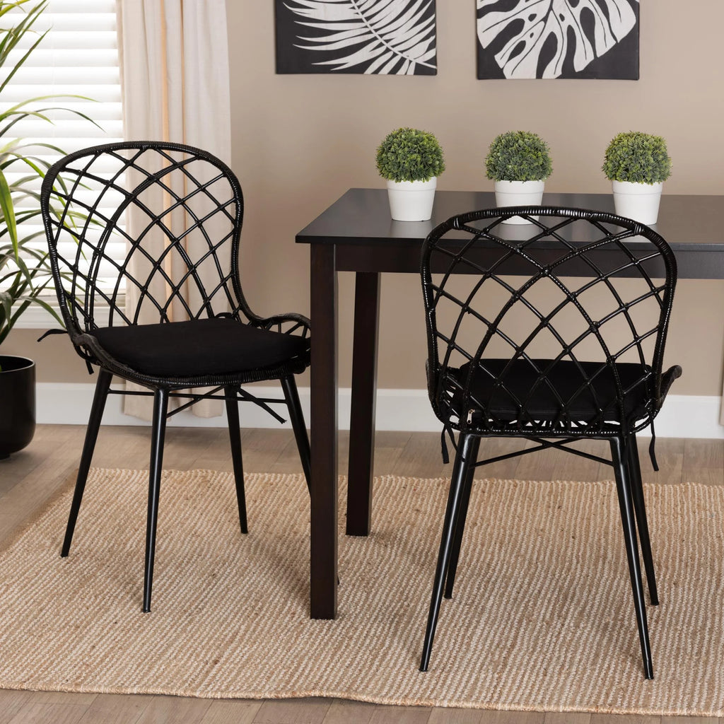 Black Rattan and Metal 2-Piece Dining Chair Set P313155