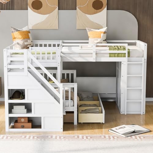 White L-Shaped Triple Bunk Bed with Desk & Stairs J774