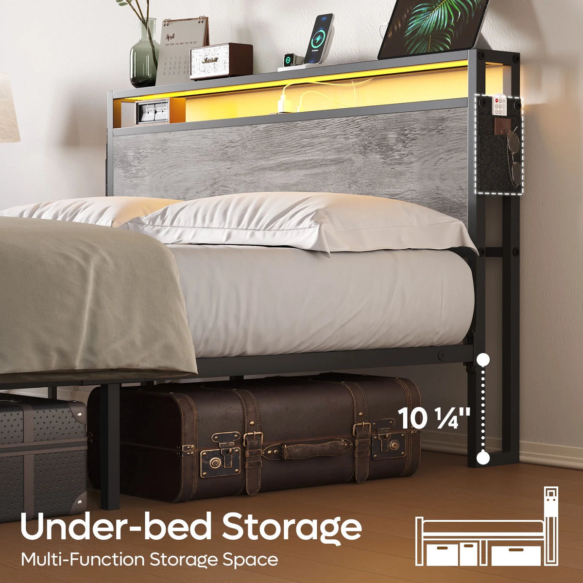 Queen Size Grey Bed Frame with Storage Headboard L940653