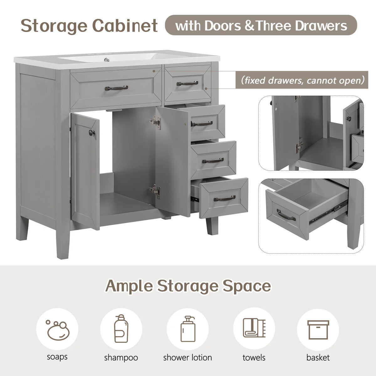 36" Grey Bathroom Vanity with Sink Combo V975