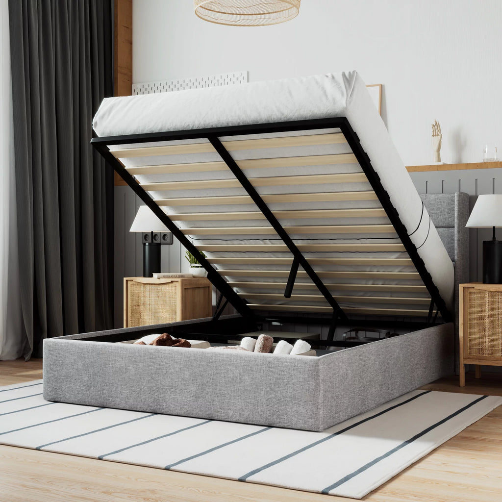 Beige Queen Size Lift Up Platform Bed Frame with Headboard K637